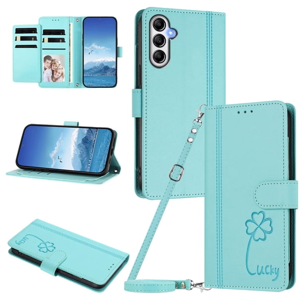 Funda Cartera Trébol para Samsung Galaxy A35 5G con Ranuras Tarjetas y Carga Inalámbrica Verde menta