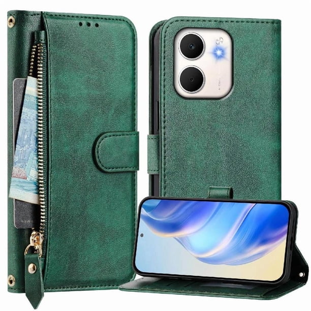 FOXDOCK Funda Tipo Cartera para Tecno Pop 10 Cuero PU con Cremallera y Correa de Muñeca, Ranuras para Tarjetas, Soporte Plegable, Cierre Magnético