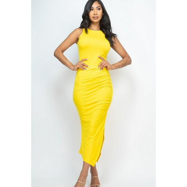 Vestido Largo sin Mangas con Fruncido Lateral y Abertura Amarillo S