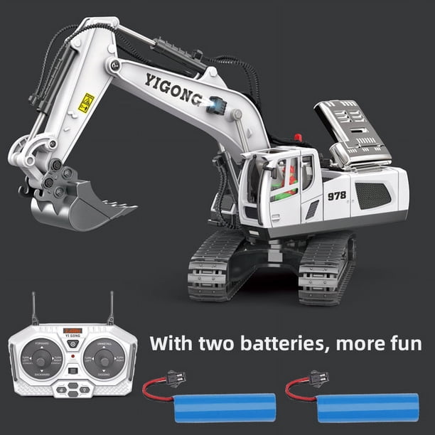 2.4Ghz Remote Control Excavator 2 Batteries Toy Metal Shovel ,11 Channel RC Construction Bulldozer Vehicles Digger Toys Gift With Light And Sound for 6 7 8 9 10 Years Old Kids Boys