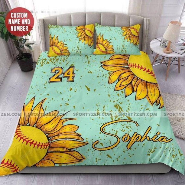 Sunflower Softball Custom With Your Name Quilt Duvet Cover Set Soft Kids3-Piece Bedding Set
