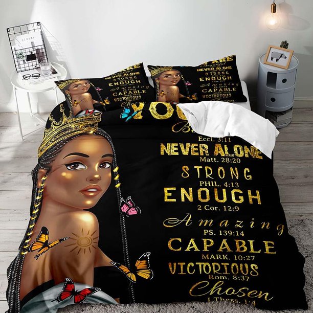 3PCS Sexy Black Girl Duvet Cover Queen Set Pink Bag High Heels Get Naked Inspirational Quotes African American Bedding Set