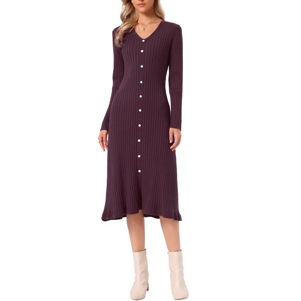 INSPIRE CHIC Vestido de Punto Acanalado para Mujer con Cuello en V y Manga Larga, Casual de Otoño Invierno con Dobladillo Plisado, Línea A, Midi, Talla S, Color Púrpura Oscuro