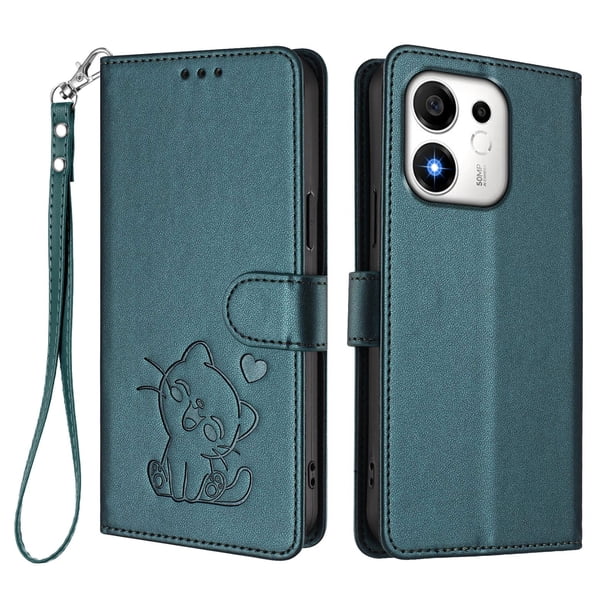 Honor 600 Smart Funda Billetera con Estampado de Gato, Verde Oscuro