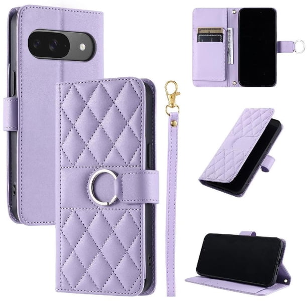 Funda Acolchada con Anilla y Correa para Google Pixel 9 Pro Slots para Tarjetas Morado