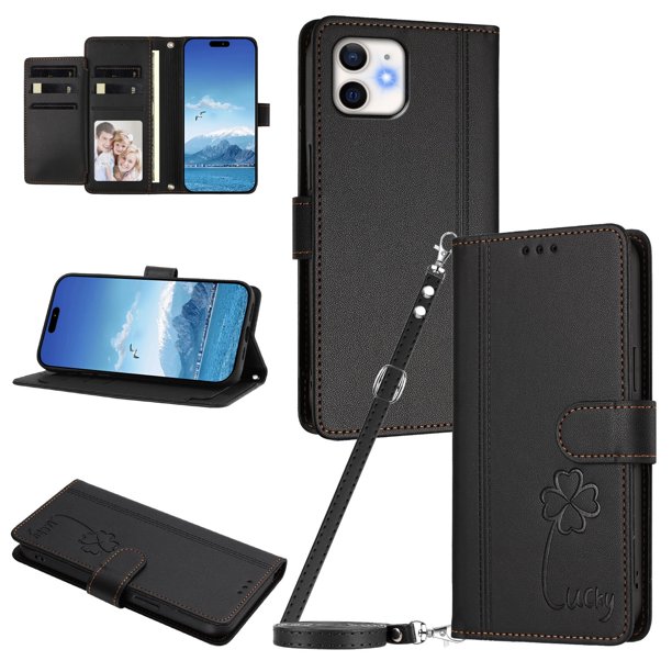 Funda Cartera Trébol para iPhone 12/12 Pro con Ranuras Tarjetas y Carga Inalámbrica Negro