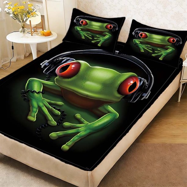 Red Eyed Tree Frog Headphones Duvet Cover Set - Pattern Printed Fitted Sheet a Must-Have for Family Guest Rooms Deep Pockets for a Secure Fit That Won'T Shift S