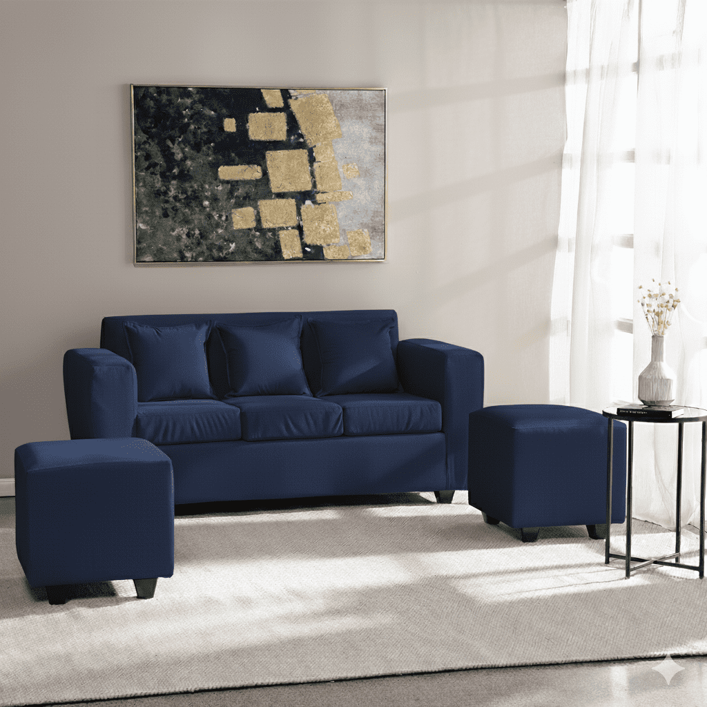 Deco Outlet - Living Kansas 3 Cuerpos + 2 Pouf Felpa Azul