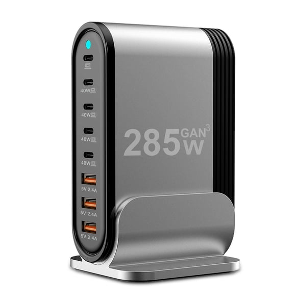 Bloque cargador USB C, 285 W, estación de carga de 8 puertos, color plateado