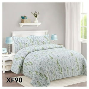 Genérico - Cubrecama Quilt Verano 2 Plazas - Blanco Flores Hojas Verdes Xf90