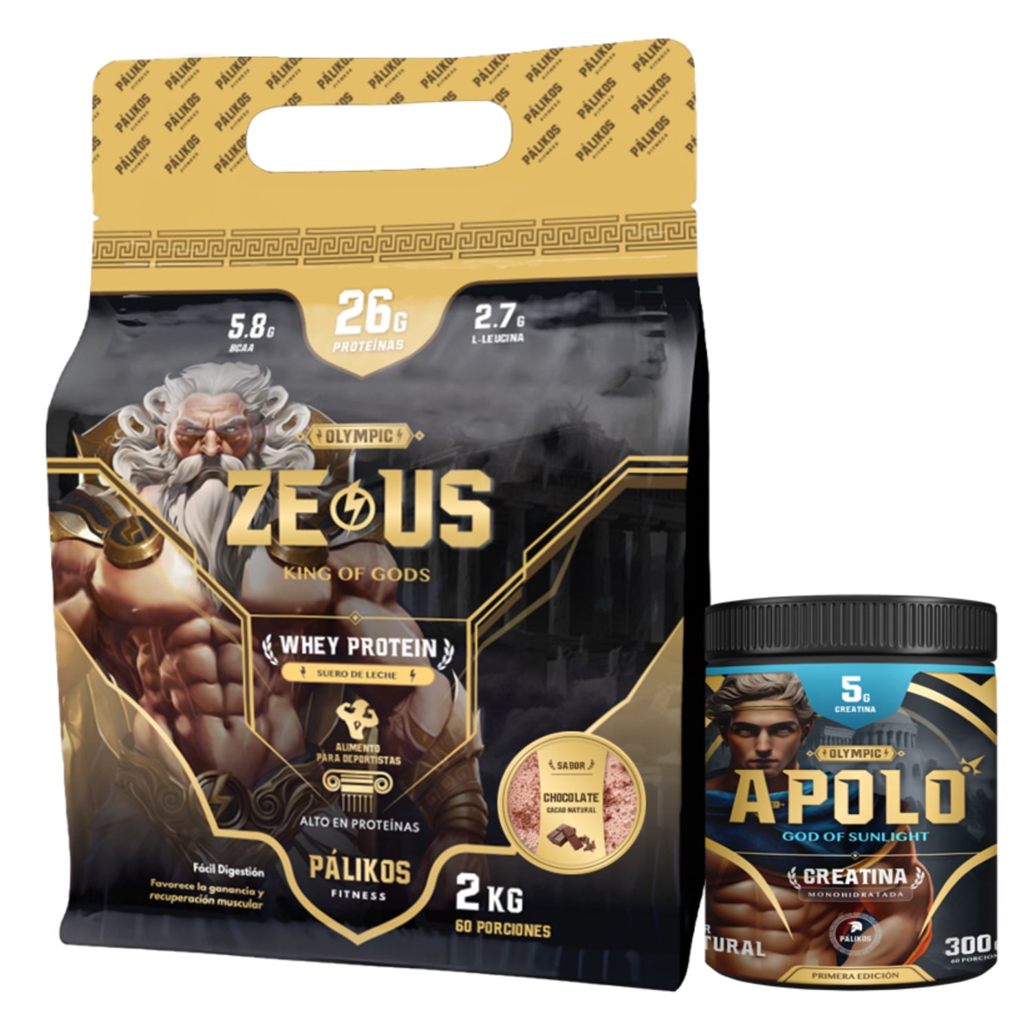 Palikos Fitness - 100% Whey Protein Zeus 2kg Doypack Chocolate +creatina Apolo 300g