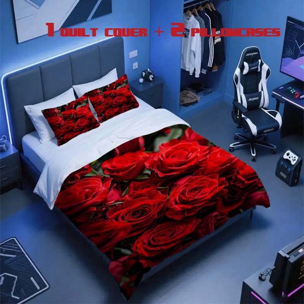 3pcs Red Rose Romantic Themed Printed Bedding Set Duvet Cover and Pillowcases