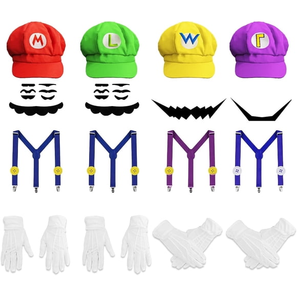 Set Disfraz Super Bros 4 Gorras Guantes Bigotes Botones