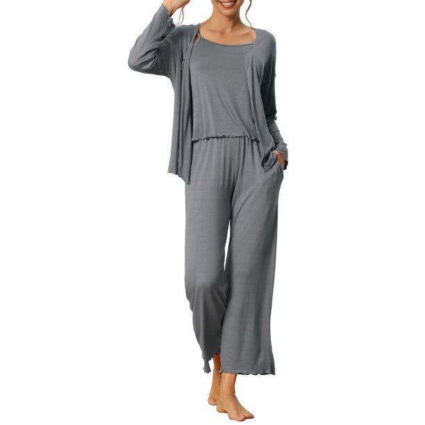 INSPIRE CHIC Conjunto de Pijama de 3 Piezas para Mujer, Cárdigan de Manga Larga de Rayón Suave, Camiseta y Pantalones para Dormir para Primavera, Otoño, Invierno XL Gris