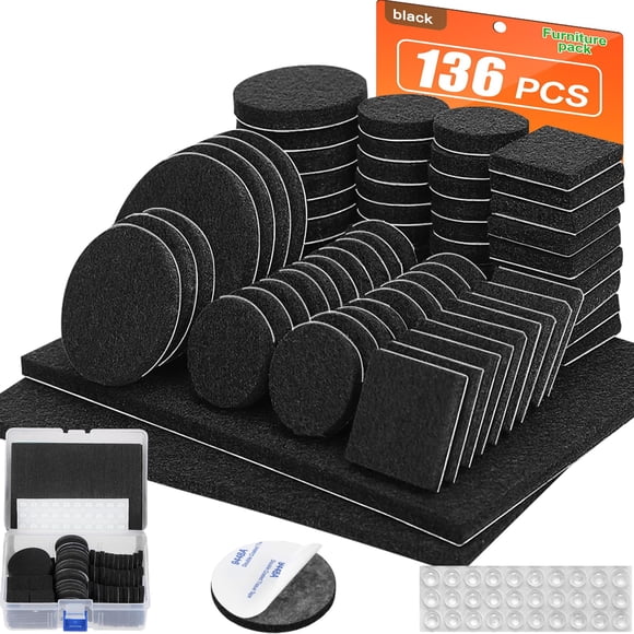 Protectores para muebles FURNIMATE, 136 piezas, fieltro negro de 5 mm de grosor