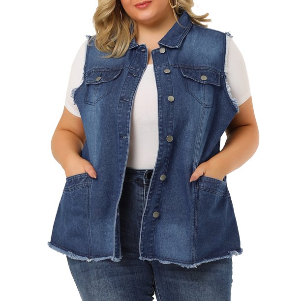 Chaleco de Mezclilla sin Mangas con Dobladillo Crudo para Mujer de Talla Grande de Agnes Orinda, Chaqueta de Moda 2X Azul Oscuro