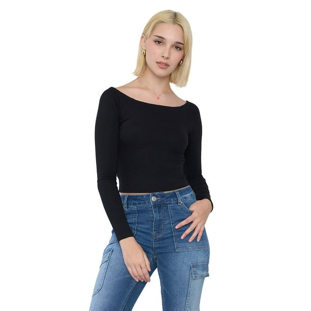Polera Mujer Sin Hombros Manga Larga Negro Corona