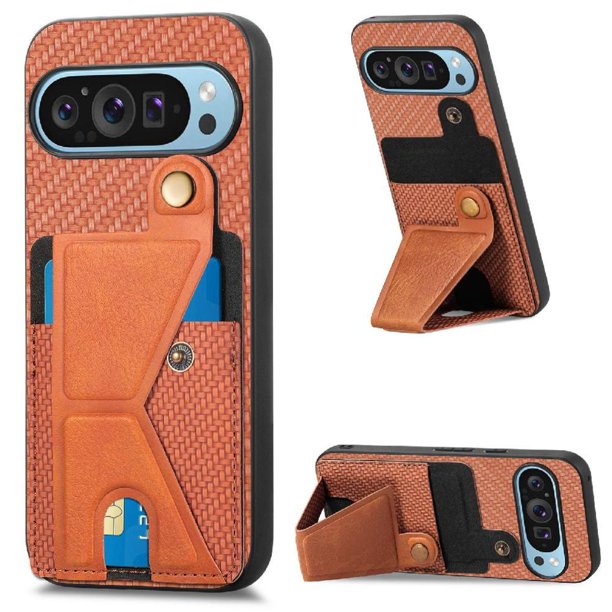 Funda Resistente para Google Pixel 9 con Tarjetero y Soporte, Diseño Magnético Marrón