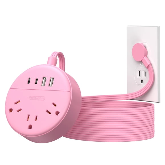 Regleta de alimentación NTONPOWER rosa, 3 enchufes, 2 USB-C, 2 USB-A, 10 pies