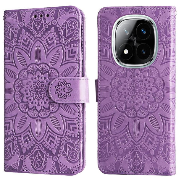 Funda tipo cartera FOXDOCK para Xiaomi Poco X7 5G , diseño girasol en relieve, cuero PU, cierre magnético, soporte y tarjetero