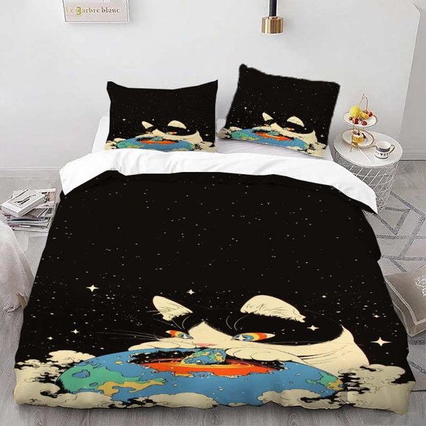 Cat Playing with Earth Printed Duvet Cover Set Themed Bedding Three-Piece Set Soft and Comfortable for All Seasons