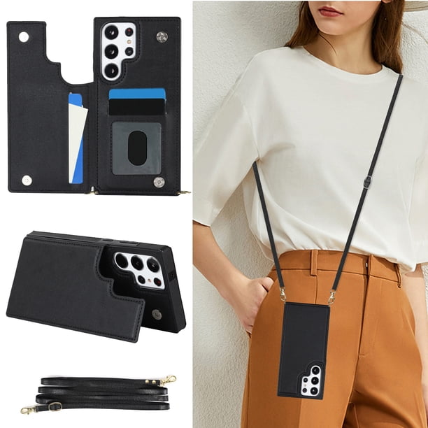 Crossbody PU Leather Case For Samsung Galaxy S23 S22 Plus Note 20 Ultra Wallet Card Slot Stand Holder Phone Bag Cover