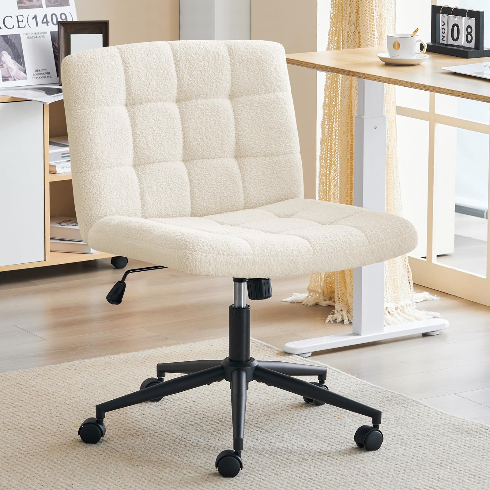 Silla Giratoria Furnimart Con Patas Entrecruzadas Y Ruedas, Piel Sintética Blanca