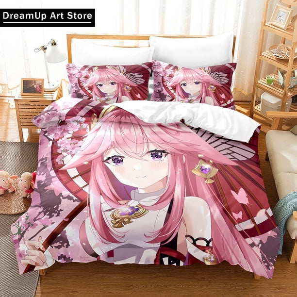 Anime Genshin impact Bedding Set Cute Quilt Cover Bed Cover With Pillowcase Boys