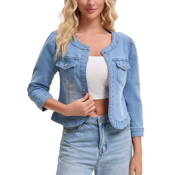 INSPIRE CHIC Chaqueta de Mezclilla para Mujer sin Cuello 2026 Cárdigan de Manga Larga Chaquetas de Jean M Azul Claro