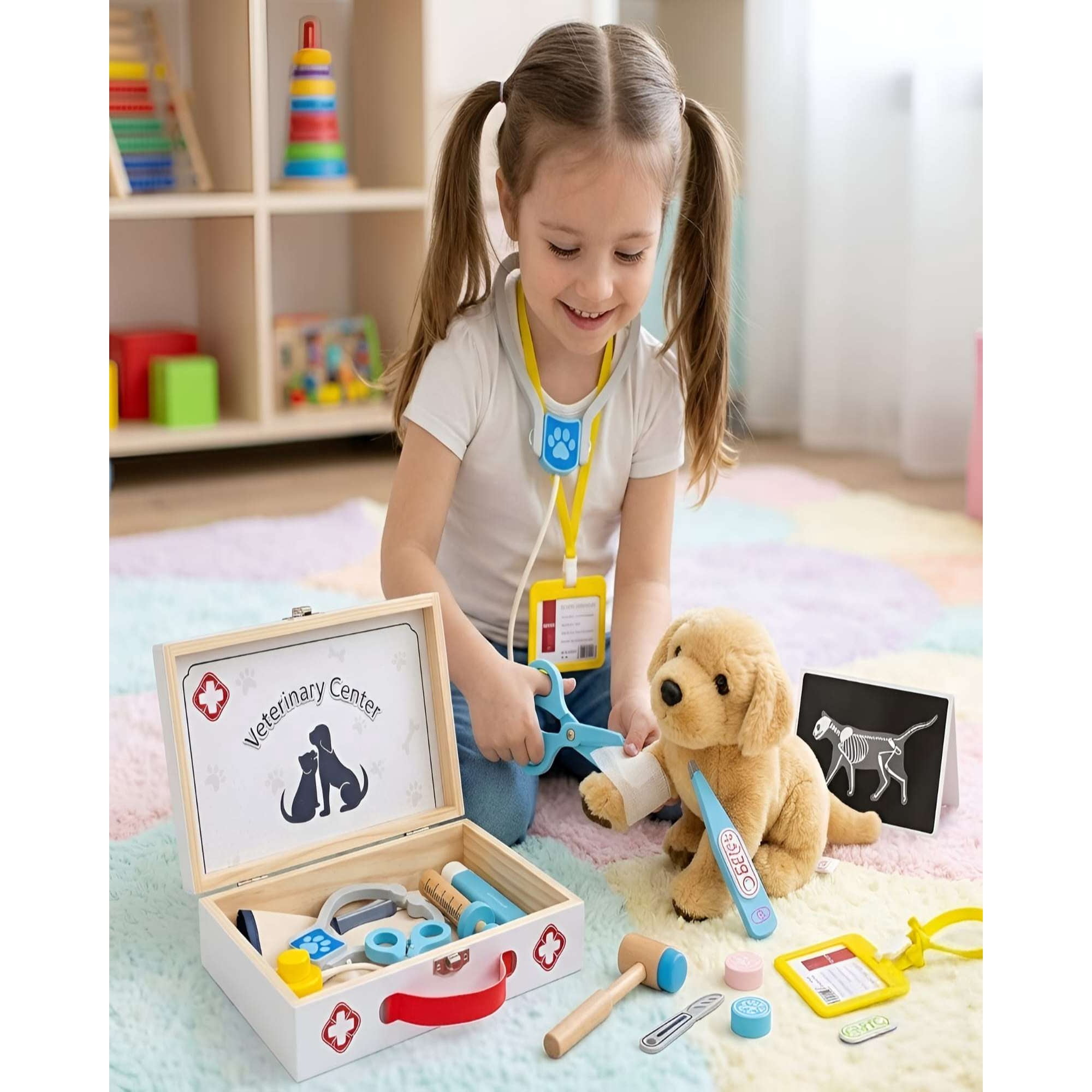 Decoideasemispa - Set De Veterinario Madera Infantil Con Maletín Y Accesorios De Madera