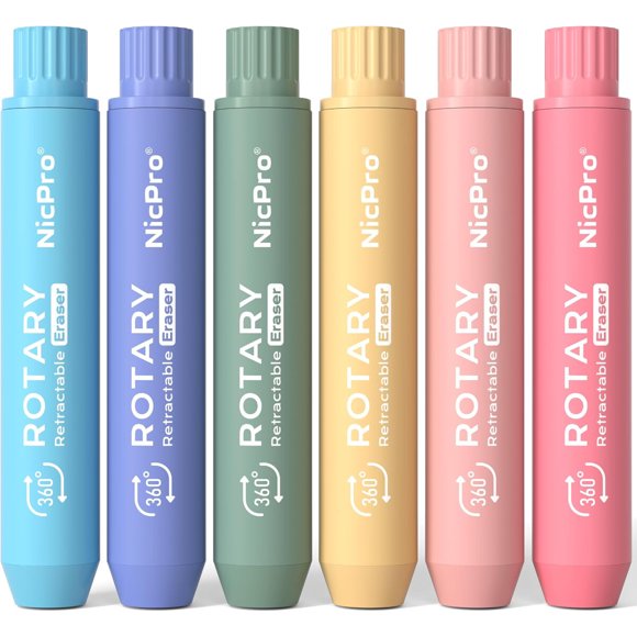 Nicpro 6 Pack Rotary Retractable Erasers, Soft TPE Twist Erasers