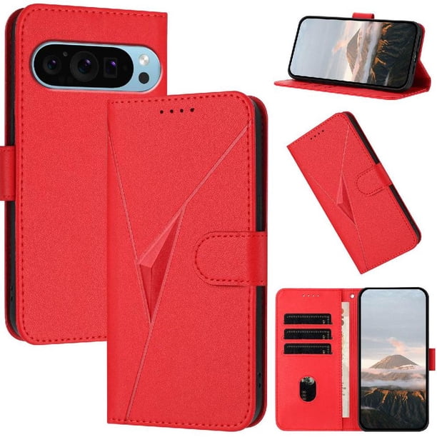 Funda Cartera Fibra de Carbono para Google Pixel 9 con Soporte y Cierre Magnético Rojo