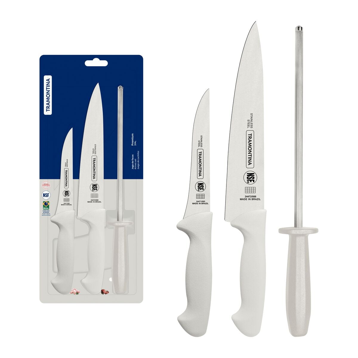 Juego De Cuchillos Tramontina Premium Con Láminas De Acero Inoxidable Y Mangos De Polipropileno Blanco Con Chaira 3 Piezas