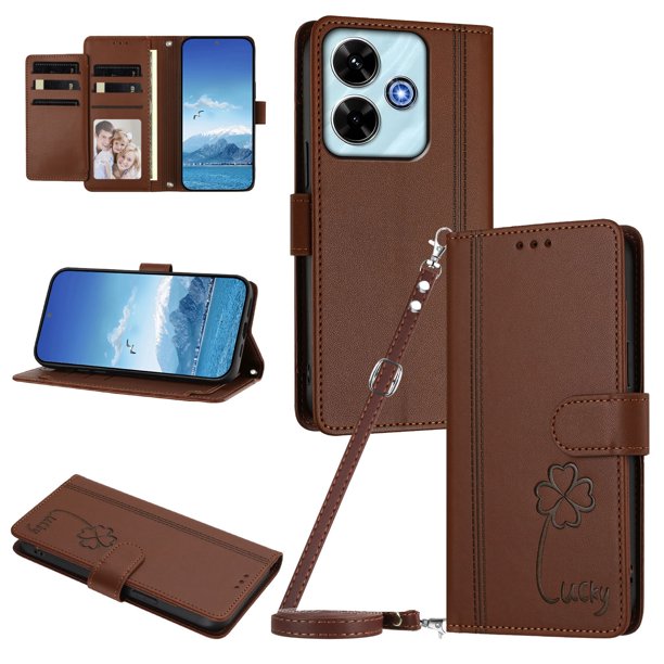 Funda Cartera Trébol para Xiaomi Poco M6 4G con Ranuras Tarjetas y Carga Inalámbrica Marrón
