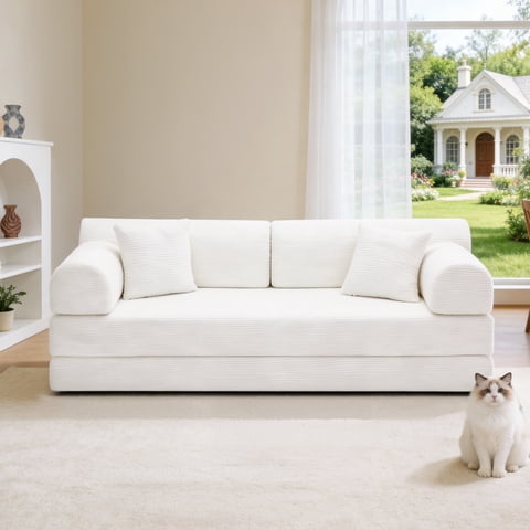 M&Ms - Convertible Sleeper Sofa Bed,Corduroy Folding Mattress Couch With Fixed-Shape Frame, Floor Sofa Lounge Couch For Living Room Bedroom(Beige)