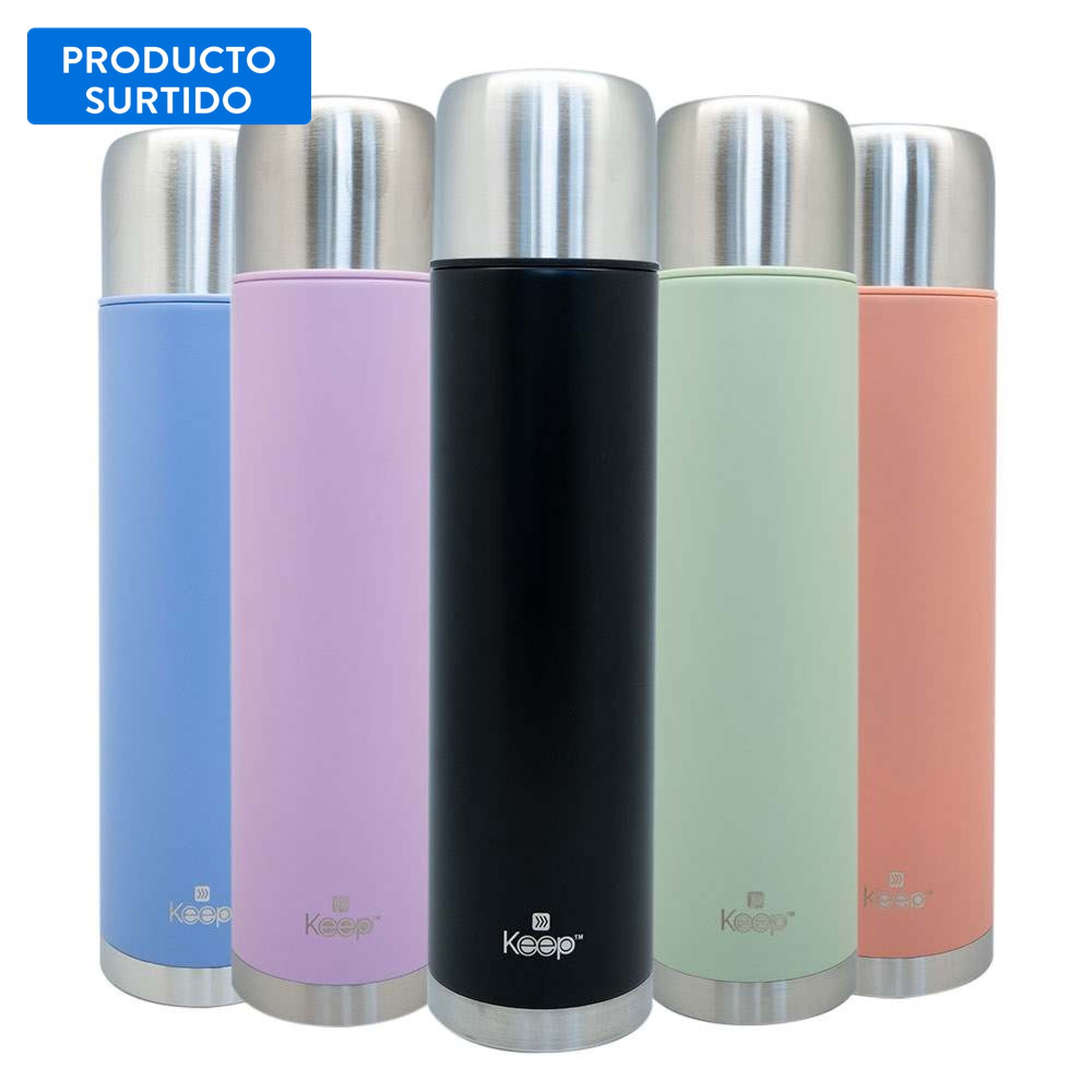 Termo bala con funda silicona 1000ML acero inoxidable, color surtido