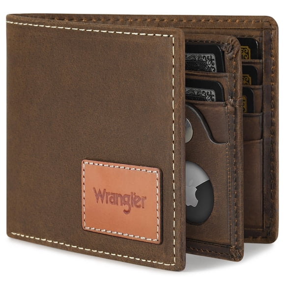 Billetera Wrangler para hombre, piel auténtica, con bloqueo RFID, doble pliegue