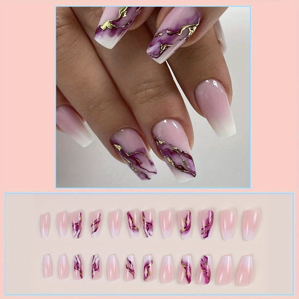 24pcs Ombre Marble Press On Nails with Golden Foil Design - Glossy Full Cover Medium Square False Nails for Women and Girls - Daily Wear