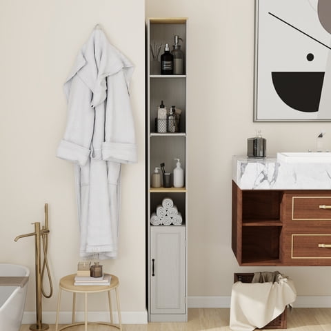 M&Ms - 72"" Tall Slim Storage Cabinet, 6-Tier Narrow Freestanding Bathroom Cabinet With 1 Door And 2 Adjustable Shelves, Bookcase Display Storage Shelves, Cube Cd Dvd Storage Cabinet-Antique White