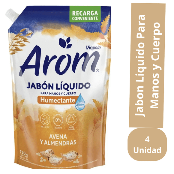Jabon Liquido Para Manos y Cuerpo Humectante Avena y Almendra Arom 750 ml Pack 4 Unidades