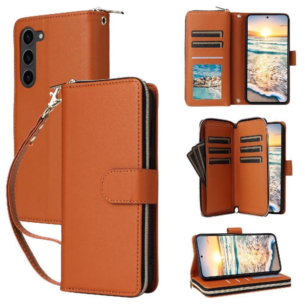 Funda Cartera con Cremallera y Correa para Samsung Galaxy S23 Soporte y Tarjetero Marrón