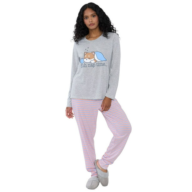 Pijama Mujer Largo Algodón Print Gris Corona