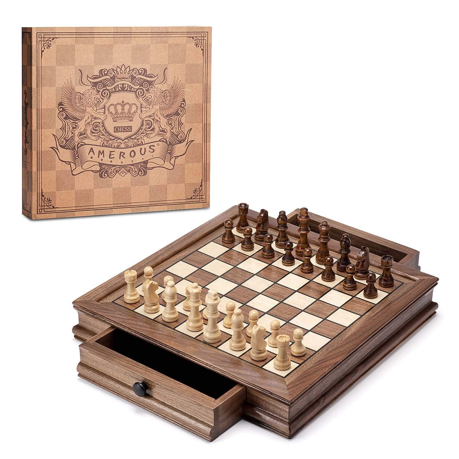Juego De Ajedrez Amerous Magnético De Madera Con Tablero De Nogal, 32 Piezas
