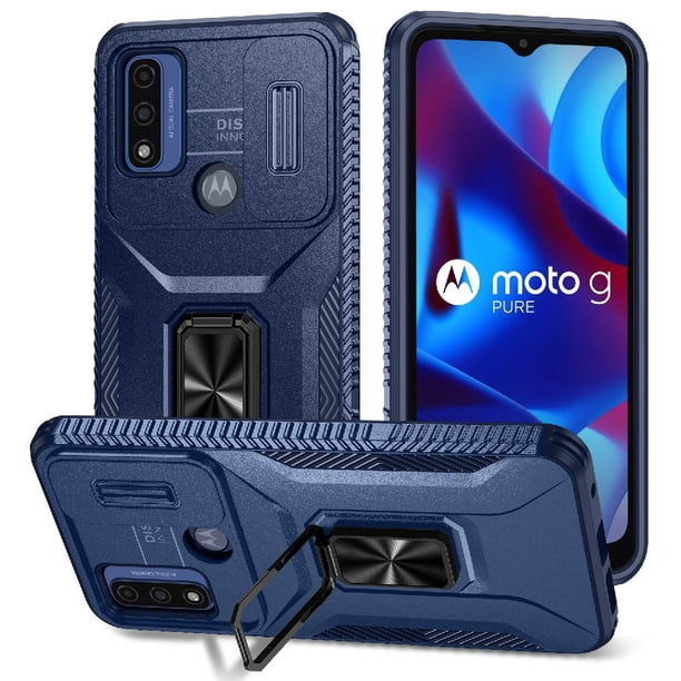 Funda Armada para Motorola Moto G Pure 2021 con Tapa Deslizante y Soporte Magnético Giratorio Azul