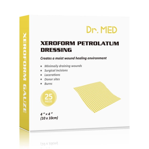 Parche de vendaje Dr.Med Xeroform Petrolatum, 4 x 4 — 25 unidades/caja