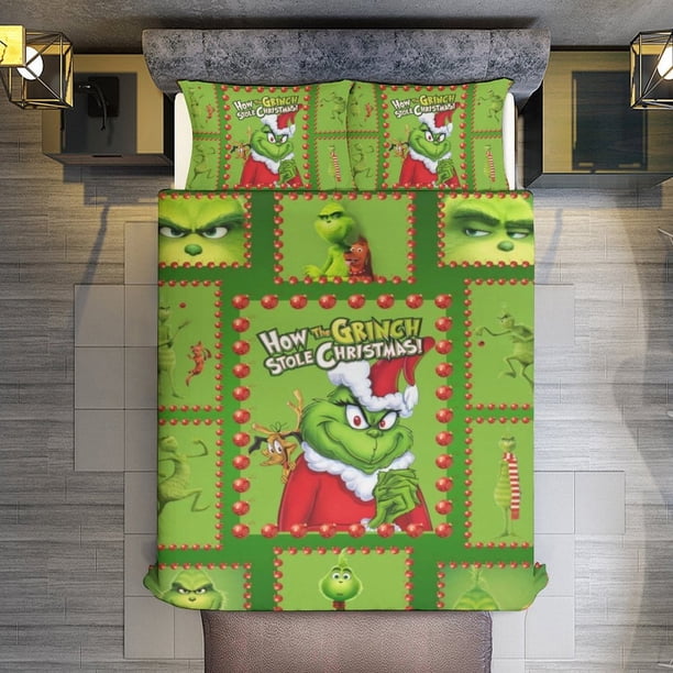 Comforter Set Queen Size Grinch Set with 2 Pillowcases for All SeasonsBedding Set 3pcs for Kids Boys Girls Bedroom Decor Bed Sheets