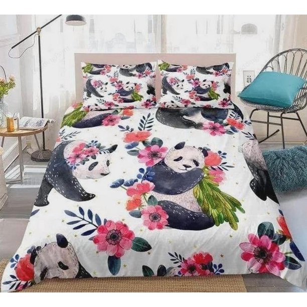 Floral Panda Quilt Duvet Cover Set Bed Linen Bedclothes Soft Comforter Cover3-Piece Bedding Set