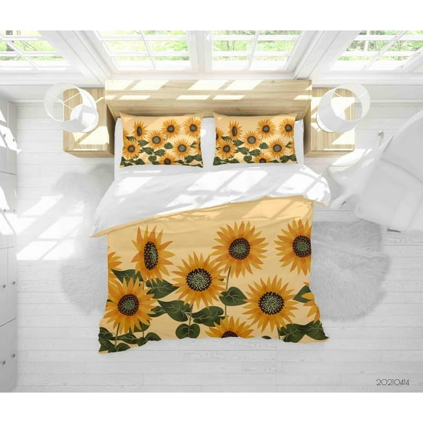 3D Dibujado a mano Girasol Floral Funda de edredón Juego de ropa de cama Funda nórdica