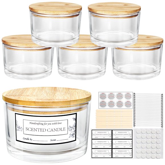 CONNOO Pack de 6 frascos de vidrio transparente de 24 oz para velas con tapas de bambú herméticas