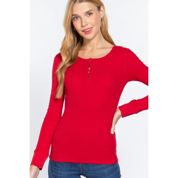 Saronite Top Térmico Básico de Punto Acanalado con Cuello Redondo y Manga Larga, Rojo (para Mujer)